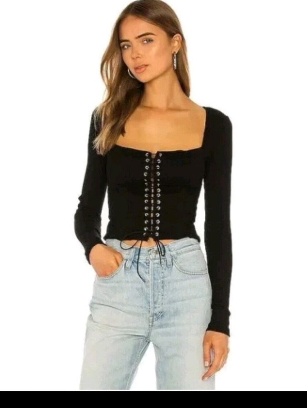 I.Am.GIA Women's Revolve Lace-Up Bustier Poctia Lace-Up Corset Long-Sleeve Top